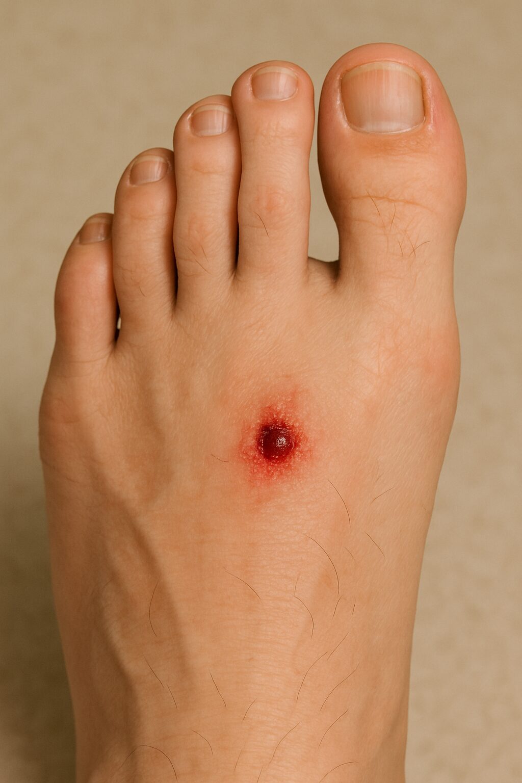 Diabetic foot ulcer on top of foot showing open sore and inflamed skin – foot wound care at Canton Foot & Ankle
