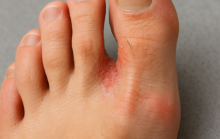Athlete’s foot on toes with redness and flaking skin – foot fungus treatment in Canton, MI