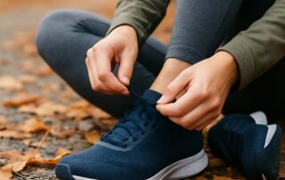 Person tying navy blue running shoes on a leaf-covered trail in autumn, representing fall fitness and plantar fasciitis prevention by Canton Foot and Ankle Specialists.