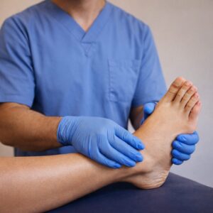Podiatrist in blue scrubs examining a patient’s foot during a clinical foot and ankle evaluation