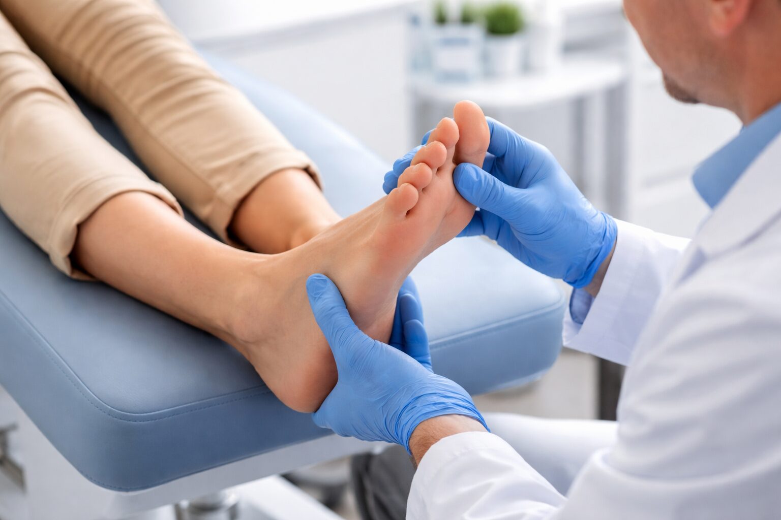 Foot and ankle exam performed by a podiatrist for pain evaluation