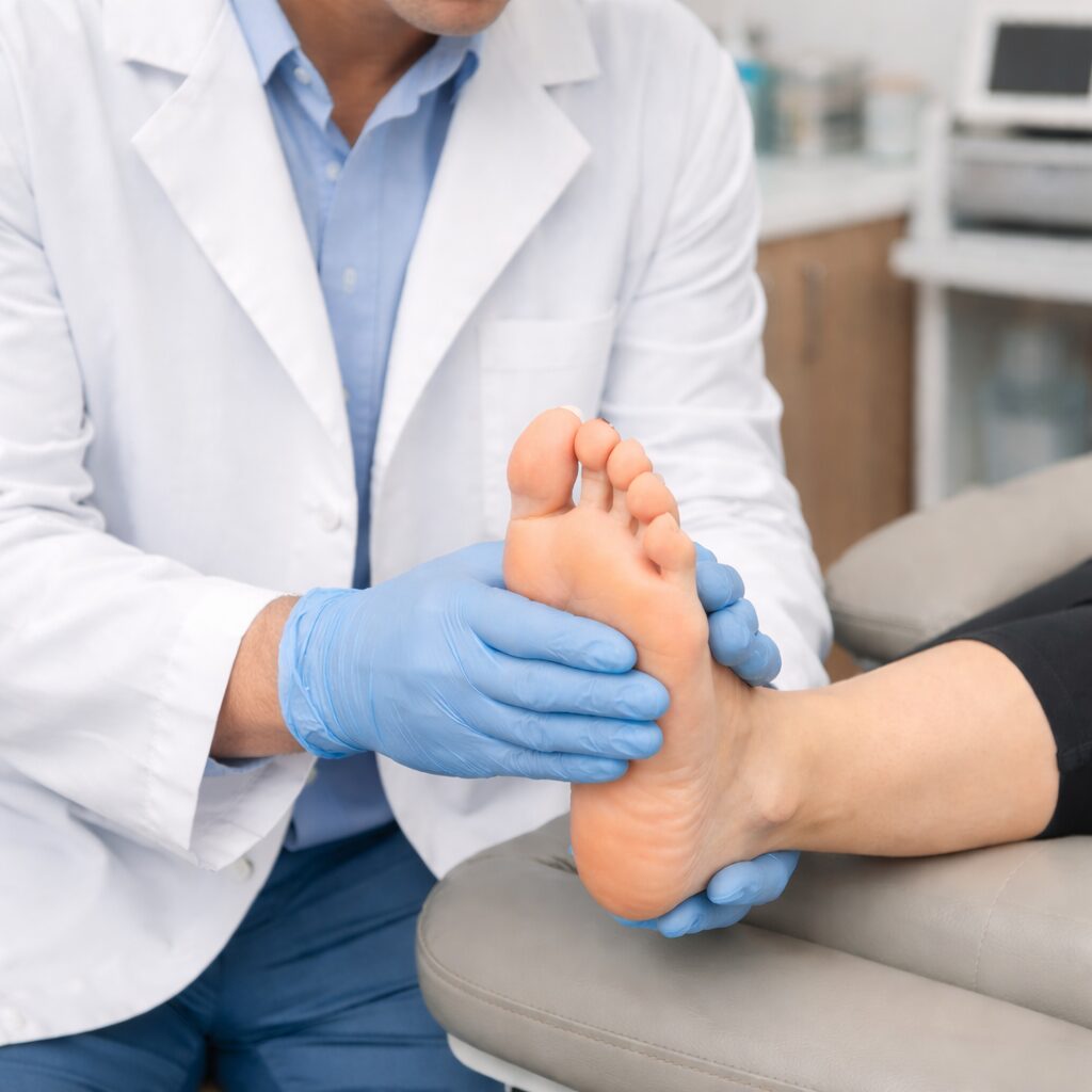 Foot and ankle exam performed by a podiatrist for evaluation