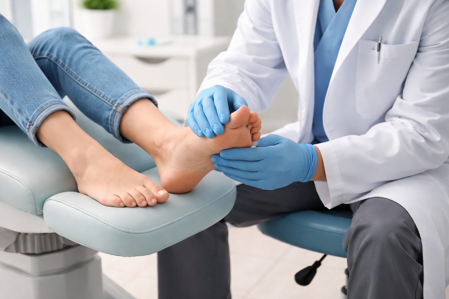 Podiatrist examining patient's foot for pain