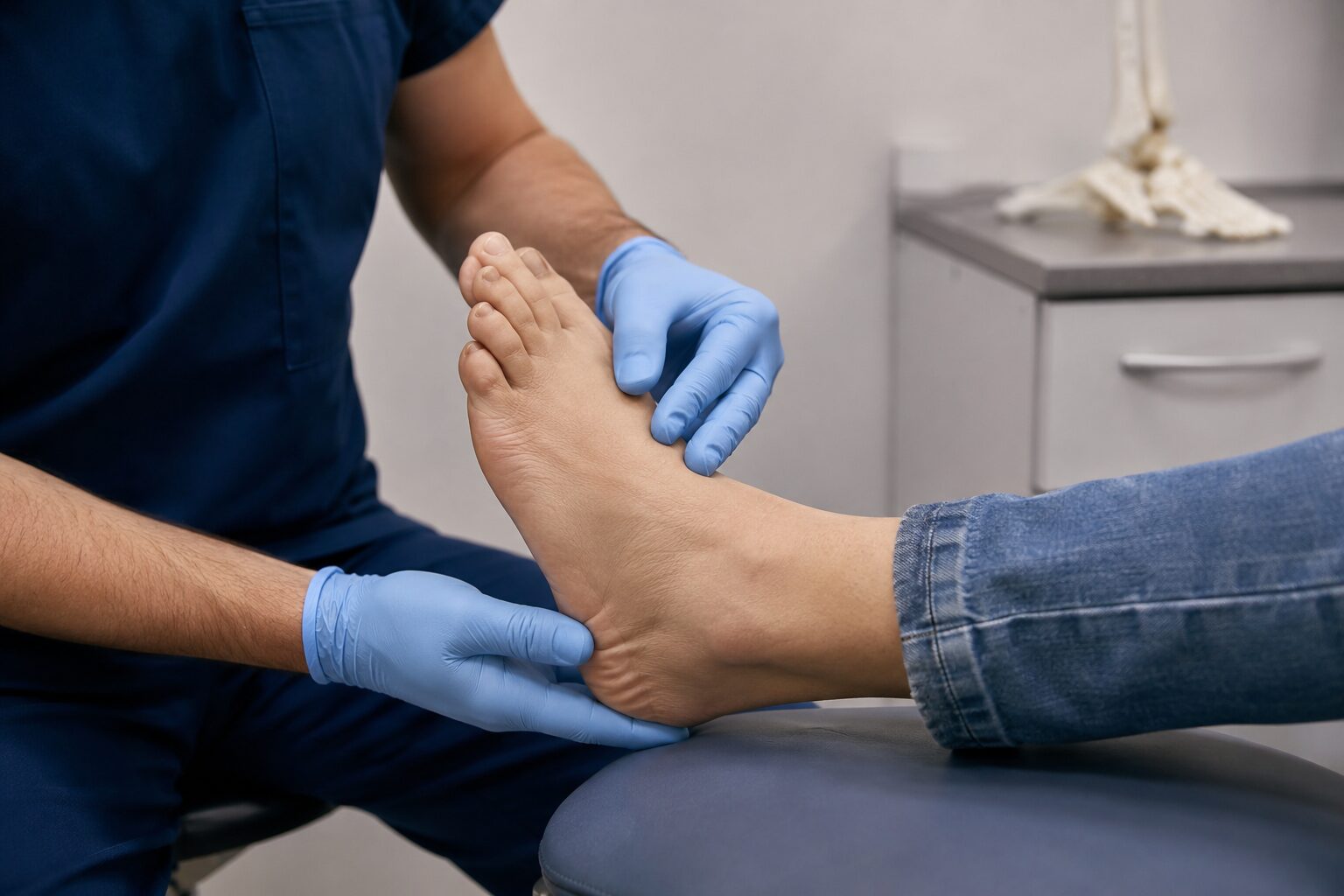 Close-up of a podiatrist at examining a patient’s foot during a professional foot and ankle treatment appointment