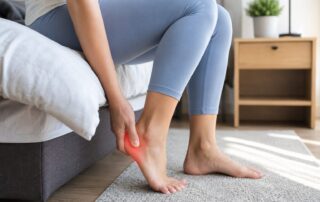 Person experiencing heel pain after sitting while holding their heel before standing, a common symptom of plantar fasciitis