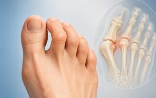 Close-up medical illustration of a foot with a drifting second toe gradually shifting out of alignment, demonstrating early toe deformity associated with plantar plate injury and forefoot instability.