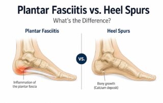 Illustration comparing plantar fasciitis and heel spurs, showing inflammation of the plantar fascia on one foot and a heel spur (calcium deposit) on the heel bone of the other in a side-by-side anatomical diagram